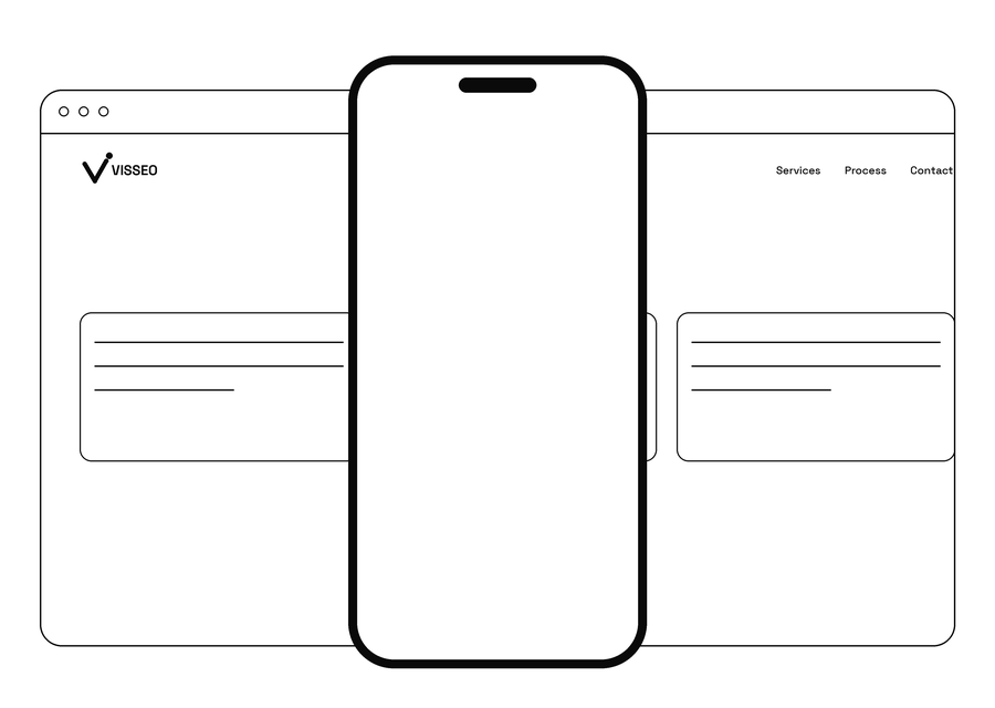 Minimal outline of a phone in front of a faded desktop website layout, illustrating a mobile-first design approach